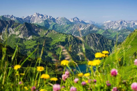 Panorama from Zeigersattel to Seealpsee, Allgaeu Alps, Allgaeu, Bavaria, Germany, Europe