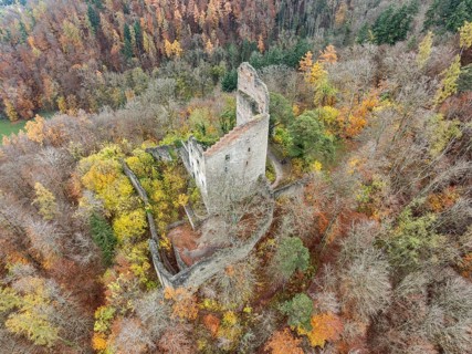 Aerial view of the ruins of Altbodman on the Bodanrück, above the village of Bodman in autumn