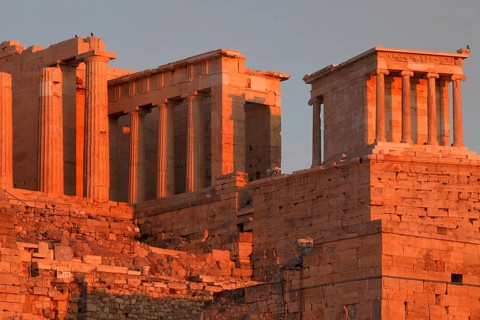 Propylaea at sunset, Acropolis, Athens, Greece, Europe
