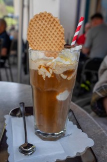 Ice cream café with waffle, served in a garden café, Bavaria, Germany, Europe