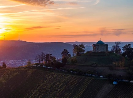 Sunset at the burial chapel on the Württenberg, aerial view. The mausoleum was built between 1820