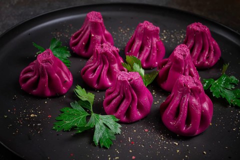 Beetroot khinkali, mini khinkali, purple, Georgian cuisine, no people