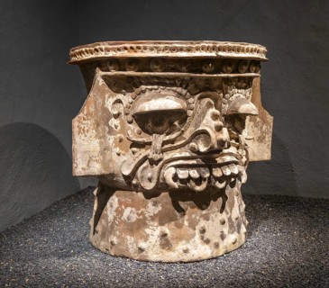 Ceramic brazier depicting face of Tlaloc, Aztec god of rain, archaeological site and museum of