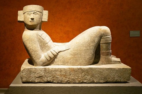 Chac-Mool statue figure from Chichen Itza, Yucatan, National Museum of Anthropology, Mexico City,