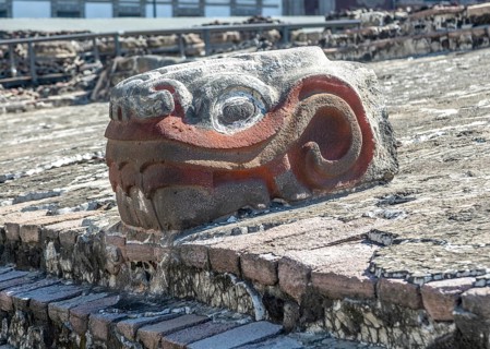 Stone serpent head at Great Temple, archaeological site and museum of Templo Mayor, Mexico City,