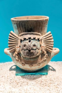 Ceramic pot depicting Tlaloc, Aztec god of rain, archaeological site and museum of Templo Mayor,