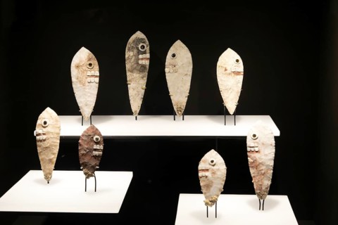 Flint and obsidian face knives with archaeological site and museum of Templo Mayor, Mexico City,