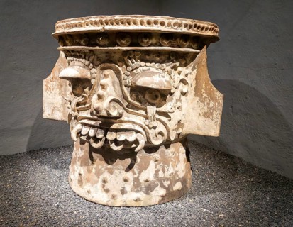Ceramic brazier depicting face of Tlaloc, Aztec god of rain, archaeological site and museum of