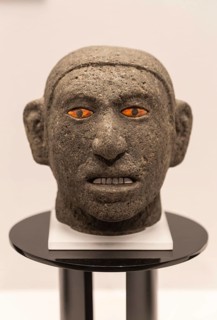 Carved stone head, archaeological site and museum of Templo Mayor, Mexico City, Mexico, Central