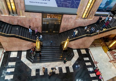 Looking down on staircase, Art Nouveau architecture interior of Palacio de Bellas Artes, Palace of