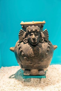 Pot depicting Chalchiuhtlicue female Aztec deity, spouse of Tlaloc, archaeological site and museum
