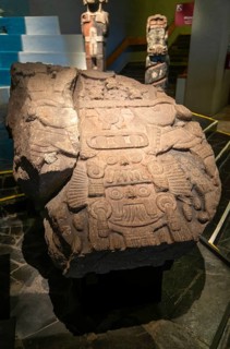 Carved stone monument depicting Tlaloc and Tlaltecuhtli, gods of rain and Earth, archaeological