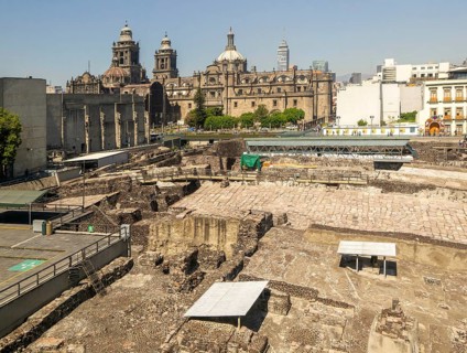Templo Mayor archaeological Aztec city of Tenochtitlan, view to the cathedral church, Mexico City,
