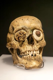 Human skull mask, archaeological site and museum of Templo Mayor, Mexico City, Mexico, Central