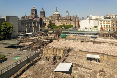 Templo Mayor archaeological Aztec city of Tenochtitlan, view to the cathedral church, Mexico City,