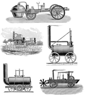 Different steam cars and steam locomotives, 18th and 19th Century, verschiedene Dampfwagen und