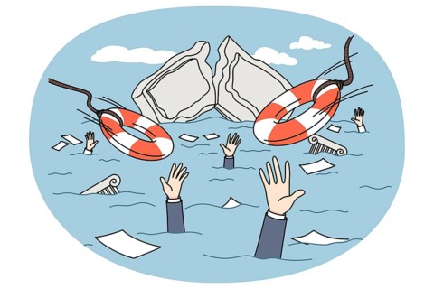 Bank building and employees drowning in water after financial crisis. Concept of finance