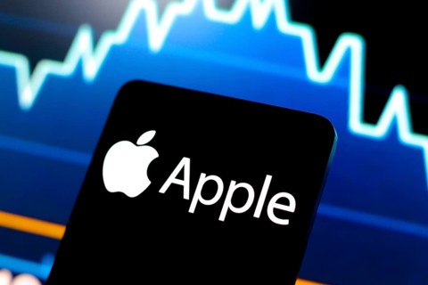 In this photo illustration, the Apple logo is displayed on a smartphone screen and in the