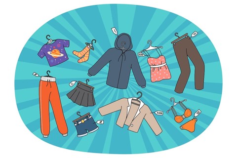 Diverse clothing pieces with discount prices on seasonal sale in shop. Selling fashion garment on