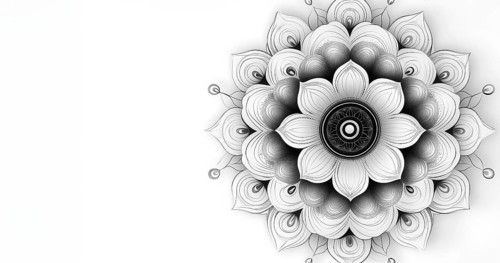 Simple line art mandala pattern over white background and copy space, AI generated