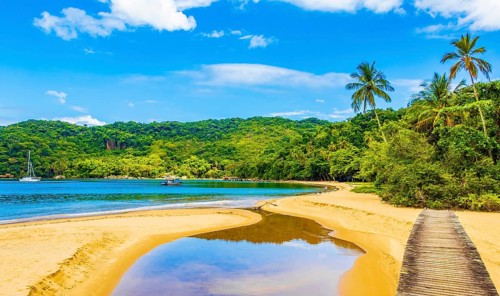 Amazing Mangrove beach and Pouso beach on with wooden bridge the big tropical island Ilha Grande