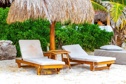 Palapa thatched roofs palm trees parasols umbrellas and sun loungers at the beach resort hotel on