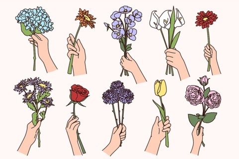 Set of people hands holding various flowers. Collection of persons with floral bouquet or