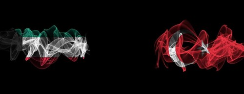 Flags of Kuwait and Turkey on Black background, Kuwait vs Turkey Smoke Flags