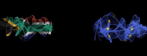 Flags of South Africa and EU on Black background, South Africa vs Europe Union Smoke Flags