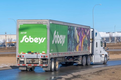 Calgary, Alberta, Canada. Feb 19, 2024. A Sobeys semi-truck trailer delivering food supplies to a