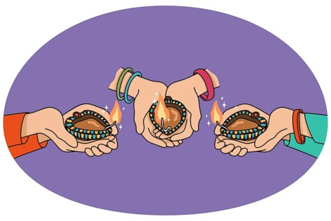 Closeup of people holding oil lamps celebrate traditional indian event. Hands with candles on