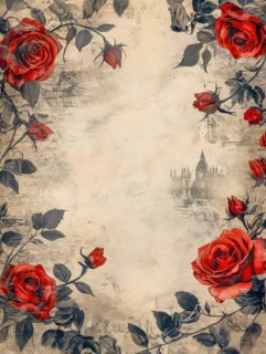 Floral border of red roses with vintage sketches of Big Ben, in an antique style, AI generated