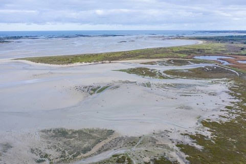 Aerial view Baie de Goulven bay at Keremma dune on the English Channel at low tide, sandbanks,