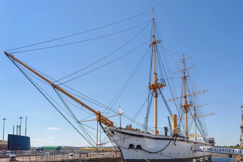 CHATHAM, KENT, UK, AUGUST 9. View of HMS Gannet in Chatham, Kent, UK on August 09, 2024