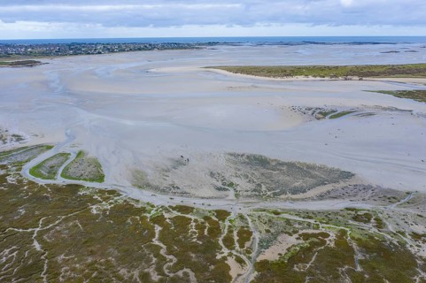 Aerial view Baie de Goulven bay at Keremma dune on the English Channel at low tide, sandbanks,
