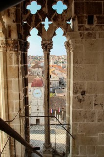 View from the bell tower of the cathedral in Trogir to the church St. Sebastian, Croatia, Europe