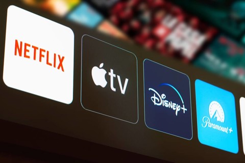 In this photo illustration the Netflix, Apple TV, Disney Plus and Paramount Plus logo is displayed