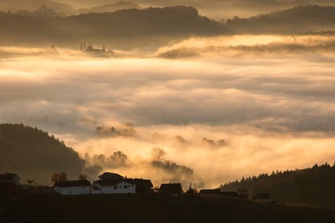 Autumn atmosphere in the golden morning light, fog drifts over forest with foliage colouring, hilly