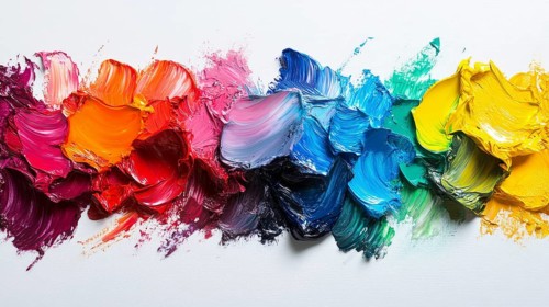 Thick, vivid oil paint dabs in rainbow colors on a white background, showcasing texture, AI