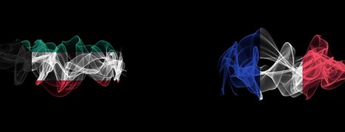 Flags of Kuwait and France on Black background, Kuwait vs France Smoke Flags