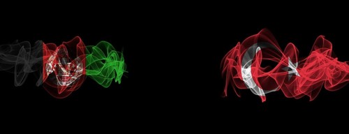 Flags of Afghanistan and Turkey on Black background, Afghanistan vs Turkey Smoke Flags