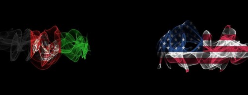 Flags of Afghanistan and USA on Black background, Afghanistan vs USA Smoke Flags
