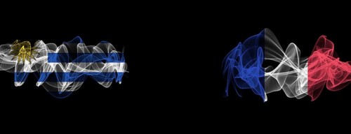 Flags of Uruguay and France on Black background, Uruguay vs France Smoke Flags