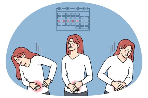 Unhealthy woman suffer from painful menstruation. Unwell female struggle with stomach ache during