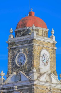Huayacocotla, Veracruz, Mexico. Jan 29, 2024. Top view of the clock from the Saint Peter the
