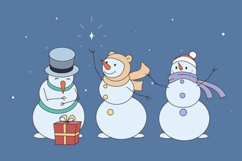 Diverse happy snowmen in hats and scarves congratulate with New Year holidays. Smiling snow men for
