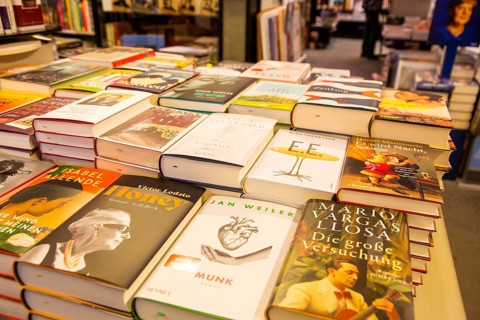 Close-up of books in a bookshop in Mannheim