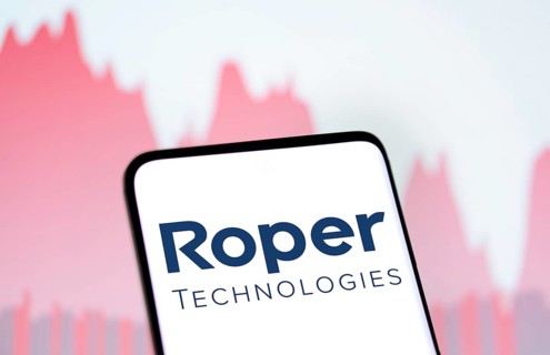 Roper Technologies logo is displayed on smartphone. Roper Technologies Inc is an American