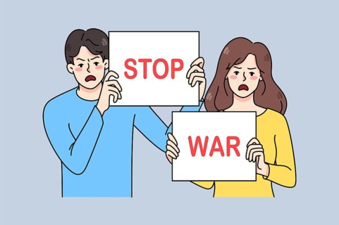 Angry people with banners protest against war and invasion. Determined mad activists with signs in