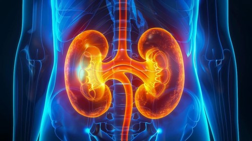 3D visualization of the human kidneys glowing in orange against a blue-toned x-ray style, AI